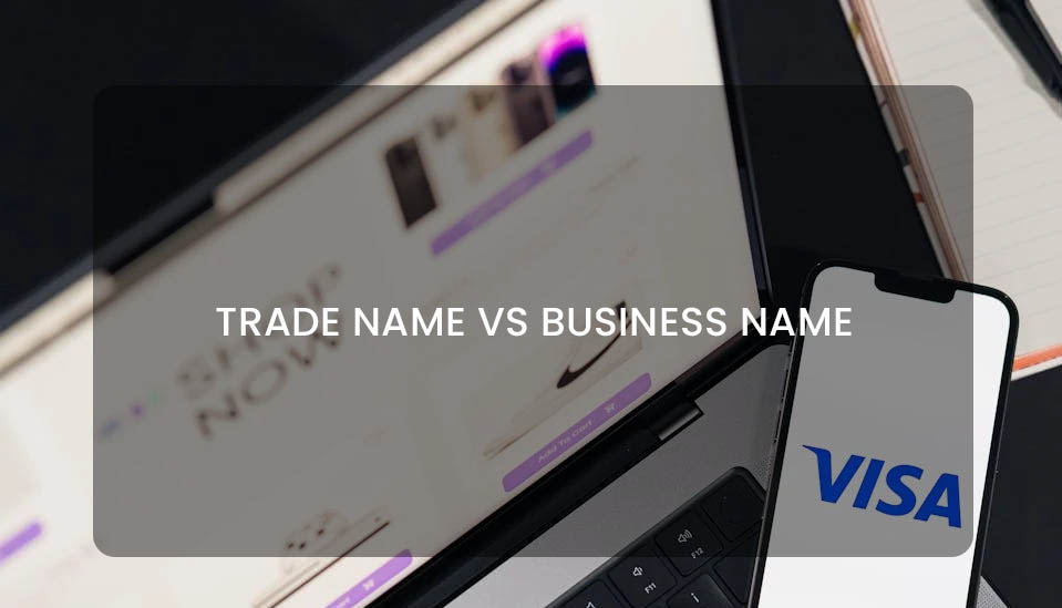 a mobile and laptop displaying the difference between business name and trade name