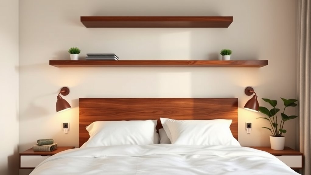 floating shelves as stylish headboards