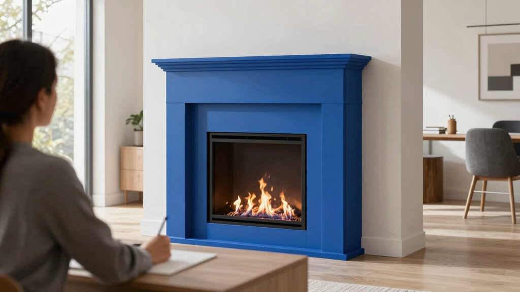 A Bold Blue Fireplace Is the Striking Focal Point of This Home Office
