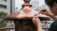 sculptural copper canopy tops micro-landmark community hub in tokyo by nikken sekkei