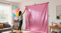 2 Pack Glitter Pink Backdrop, 3.28 FT X 7.05 FT Birthday Party Decorations, Laser Pink Fringe Curtains Foil Streamer Tinsel, Pink Curtains P