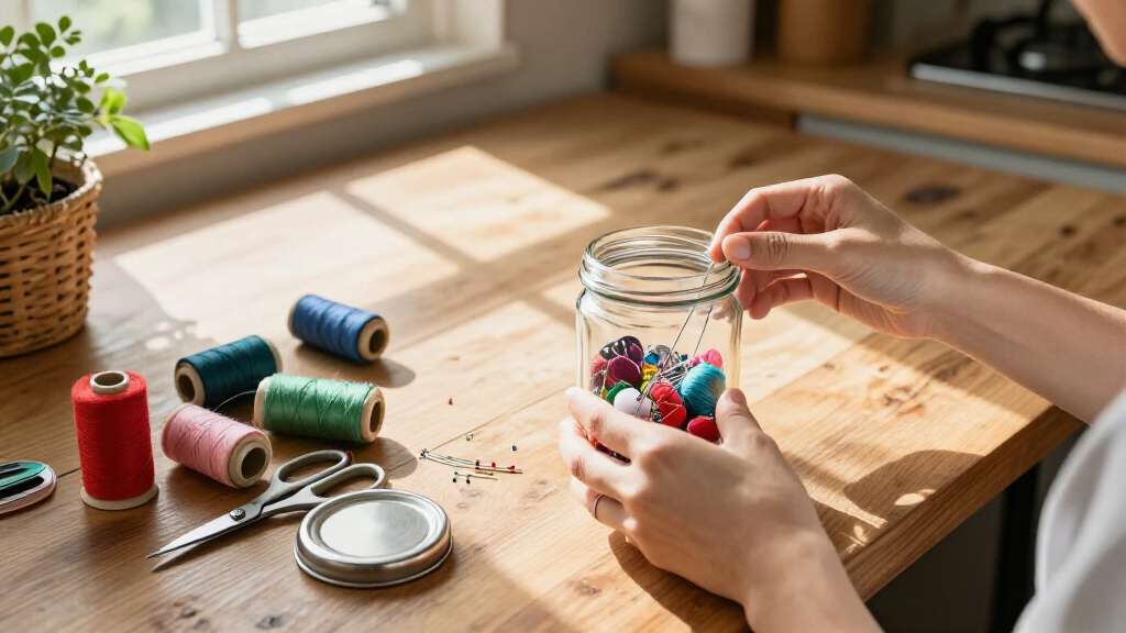 Savvy Upcyclers Transform Old Glass Jars Into A Sewing Kit With An Impressive DIY
